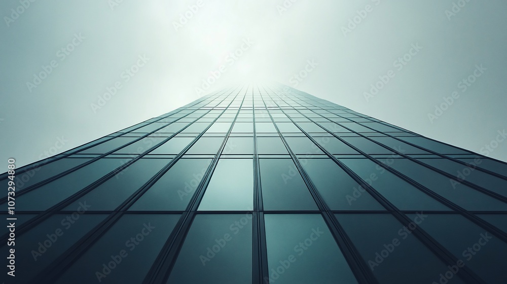 A low angle view of a tall modern skyscraper reaching up into a bright, cloudy sky. A low angle view of a tall modern skyscraper reaching up into a bright, cloudy sky.