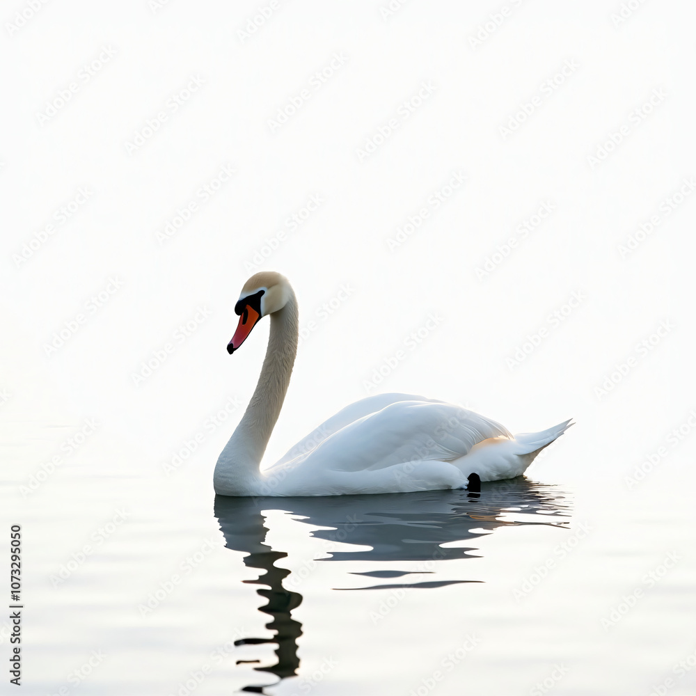 Obraz premium A serene swan gliding gracefully across tranquil waters, embodying beauty, elegance, and peace, reflecting nature's harmony and the delicate balance of wildlife and its serene environment