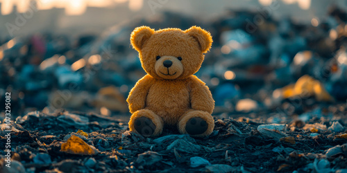 Poignant image of a teddy bear seated atop a city garbage heap at sunset, highlighting environmental degradation and the impact of urban waste on childhood innocence, suitable for campaigns on polluti