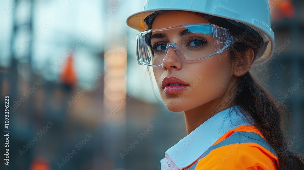 A woman wearing safety glasses and hard hat. The image is suitable for websites and presentations related to construction, safety, and engineering. A woman wearing safety glasses and hard hat. The image is suitable for websites and presentations related to construction, safety, and engineering.