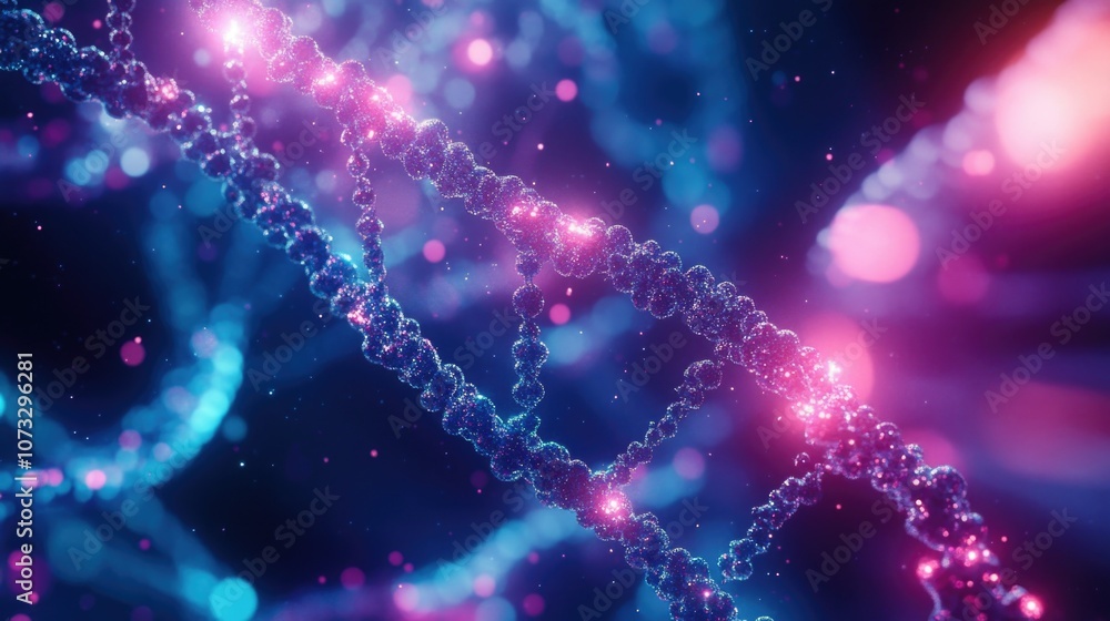 Microscopic DNA Strands Glowing in Purple and Blue Microscopic DNA Strands Glowing in Purple and Blue
