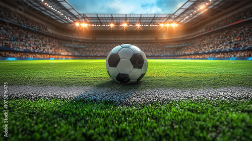 soccer ball on stadium with night light soccer stadium background, soccer ball background for web design or gaming