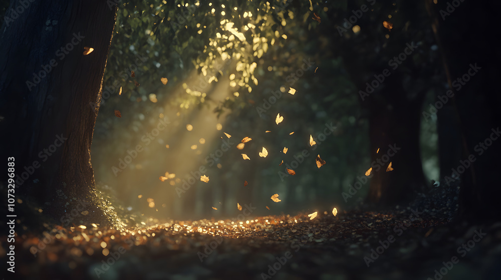 A serene forest scene with rays of sunlight filtering through trees, illuminating softly falling leaves in a tranquil, nature-filled atmosphere. A serene forest scene with rays of sunlight filtering through trees, illuminating softly falling leaves in a tranquil, nature-filled atmosphere.