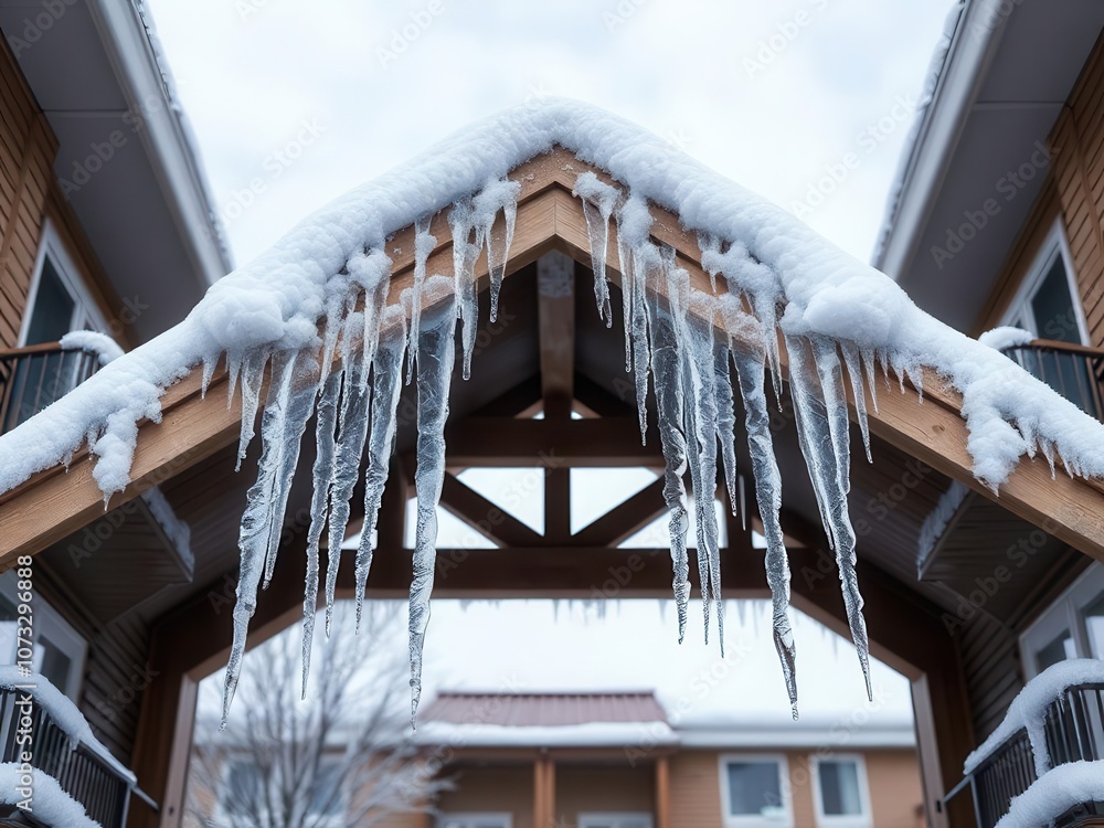 Closeup ice icicles hanging from roof Closeup ice icicles hanging from roof