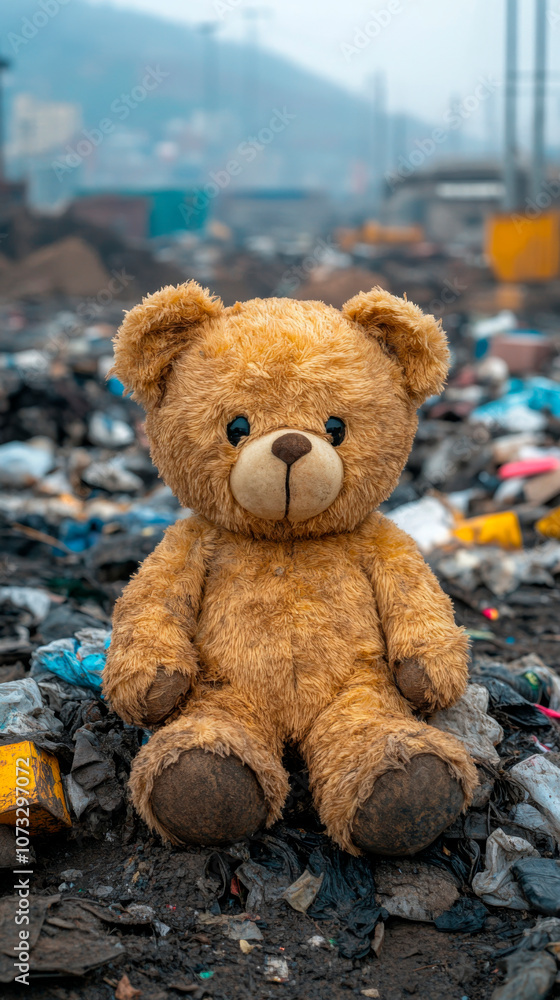 Poignant image of a teddy bear seated atop a city garbage heap at sunset, highlighting environmental degradation and the impact of urban waste on childhood innocence, suitable for campaigns on polluti Poignant image of a teddy bear seated atop a city garbage heap at sunset, highlighting environmental degradation and the impact of urban waste on childhood innocence, suitable for campaigns on polluti