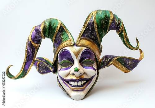 Mardi Gras jester carnival mask, in purple, green, and gold colors photo