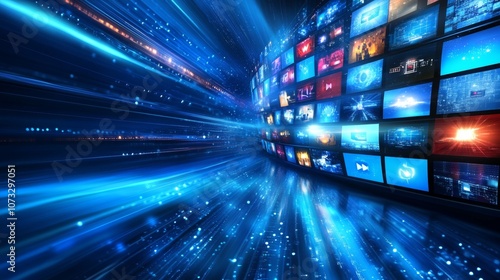 Obraz na płótnie Streaming Data Tunnel Abstract Multimedia Background with Various Channels, Web TV Video Technology