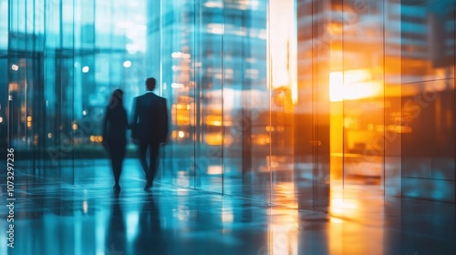 Silhouettes of two people walking. They are walking towards a city skyline with the sun setting in the background.