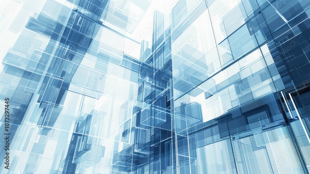 Abstract blue glass structures in a modern architectural style with transparent layers creating depth and dimension, set against a bright, light background, emphasizing technology and innovation Abstract blue glass structures in a modern architectural style with transparent layers creating depth and dimension, set against a bright, light background, emphasizing technology and innovation