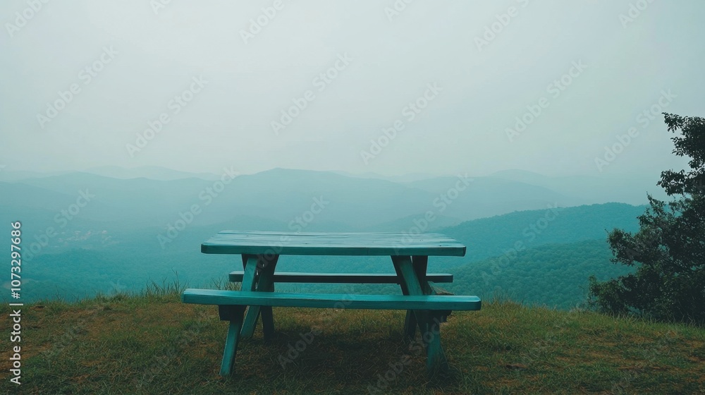 Empty table in green grass atop a mountain, capturing a serene view of distant landscapes Empty table in green grass atop a mountain, capturing a serene view of distant landscapes