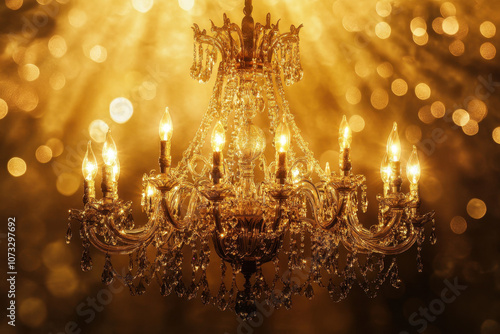 Luxurious crystal chandelier illuminated against a golden bokeh backdrop, with sparkling crystals and glowing bulbs creating an opulent atmosphere.