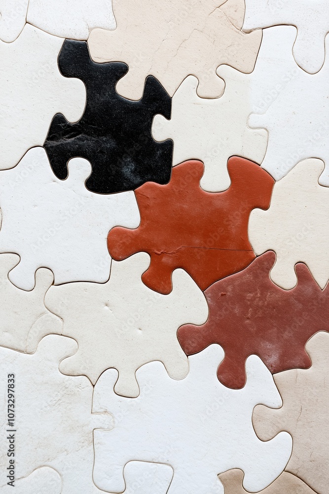 Obraz premium A jigsaw puzzle made of white and brown pieces. The puzzle is made up of many pieces, and the colors are varied. The image has a playful and creative mood