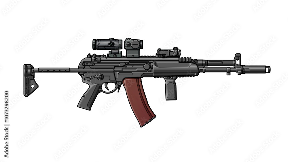 Upgraded russian 6p67 aek 545 assault rifle with collimator sight, magnifier, tactical grip, folding stock, laser sight module isolated on white background