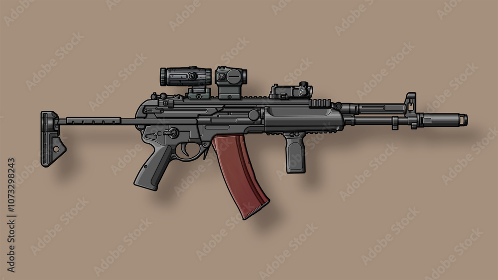 Upgraded russian 6p67 aek 545 assault rifle with collimator sight, magnifier, tactical grip, folding stock, laser sight module on brown background with shadow Upgraded russian 6p67 aek 545 assault rifle with collimator sight, magnifier, tactical grip, folding stock, laser sight module on brown background with shadow