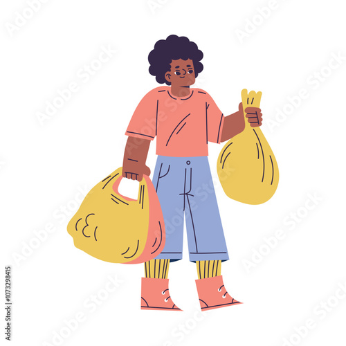 Polite Boy Character Carry Shopping Bag Help Mom Having Good Manners Vector Illustration
