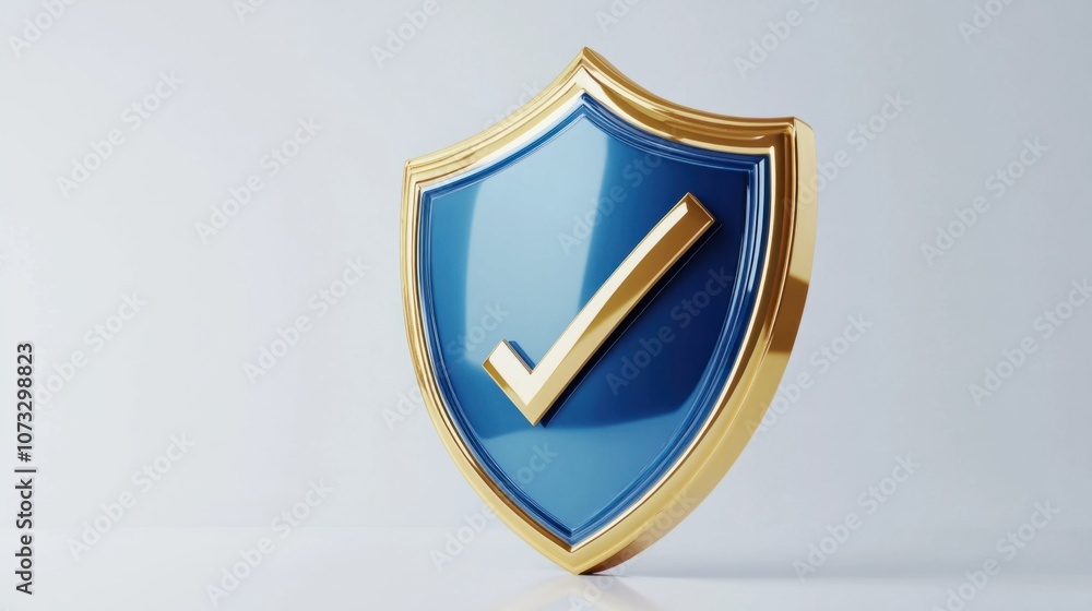3D blue and gold shield with checkmark, isolated on white, representing premium data protection 3D blue and gold shield with checkmark, isolated on white, representing premium data protection