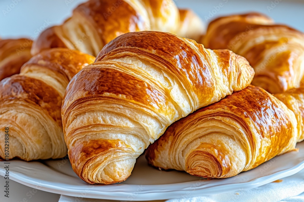 Realistic image of freshly baked croissants with golden, flaky layers Realistic image of freshly baked croissants with golden, flaky layers