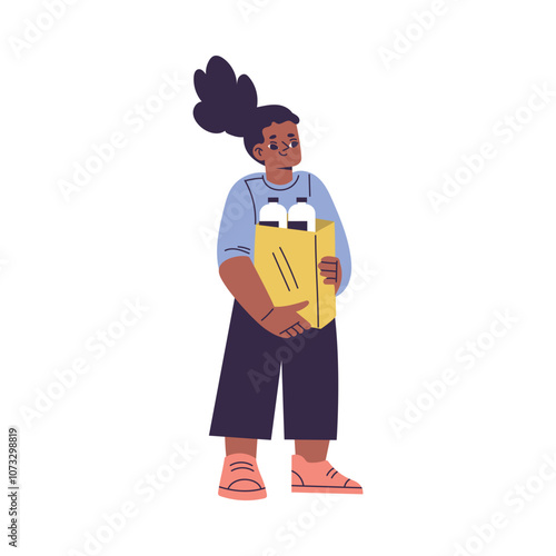 Polite Girl Character Carry Shopping Bag Help Mom Having Good Manners Vector Illustration