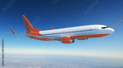 A large orange and white airplane is flying through the sky