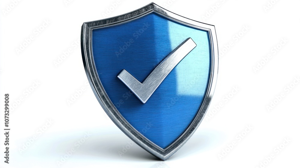 3D blue shield with a silver checkmark, isolated on white, representing secure protection 3D blue shield with a silver checkmark, isolated on white, representing secure protection