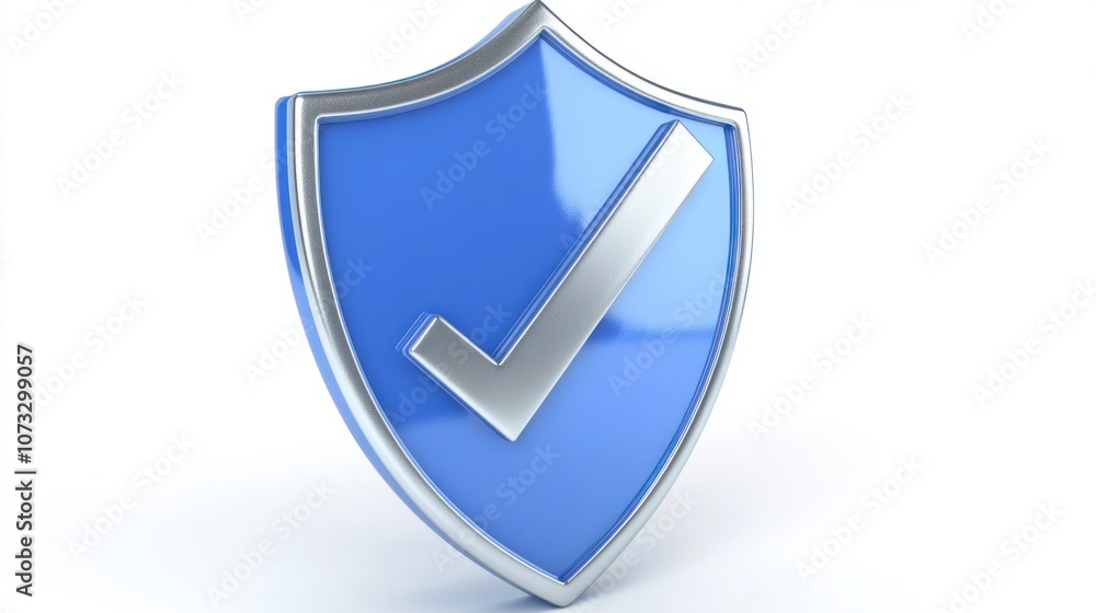 3D blue shield with a silver checkmark, isolated on white, representing secure protection 3D blue shield with a silver checkmark, isolated on white, representing secure protection