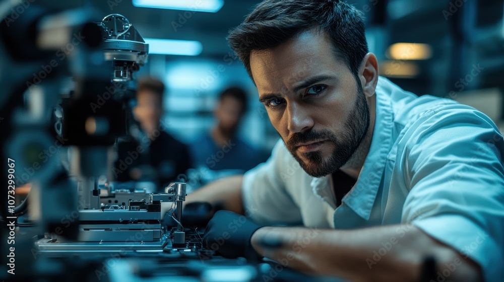 A focused engineer working on a complex machine. This image is perfect for illustrating articles about engineering, technology, or manufacturing. A focused engineer working on a complex machine. This image is perfect for illustrating articles about engineering, technology, or manufacturing.