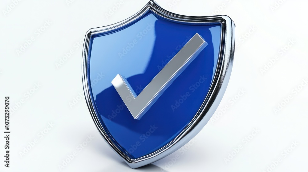 3D blue shield with a silver checkmark, isolated on white, representing secure protection 3D blue shield with a silver checkmark, isolated on white, representing secure protection