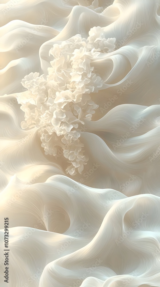 Fototapeta premium An ethereal, soft-textured composition featuring delicate white floral elements amid flowing cream-colored waves, creating a serene and tranquil atmosphere.