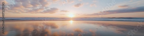 Wallpaper Mural majestic beach sunrise, gentle wave patterns, pastel colored clouds, reflective wet sand, peaceful ocean view, morning sunburst, smooth water motion, cinematic coastal photography, ethereal lighting Torontodigital.ca