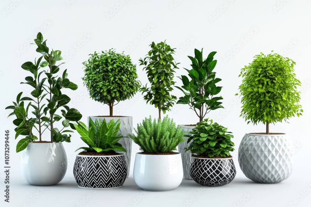 Simple 2D design illustration of various houseplants in pots, with clean lines on a white background Simple 2D design illustration of various houseplants in pots, with clean lines on a white background