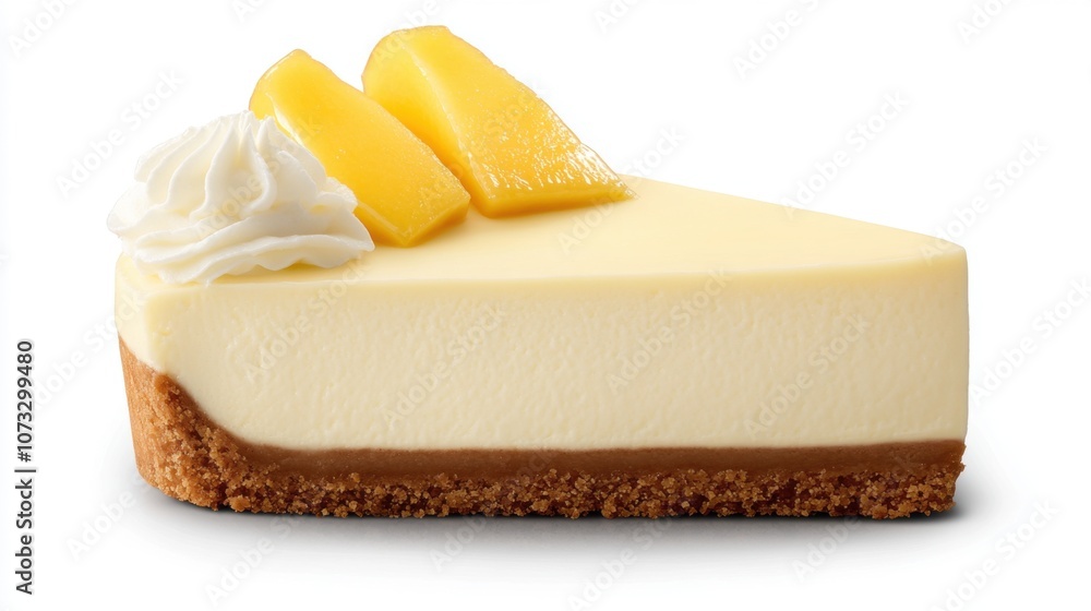 A delicious slice of cheesecake topped with whipped cream and fresh mango slices, resting on a graham cracker crust. A delicious slice of cheesecake topped with whipped cream and fresh mango slices, resting on a graham cracker crust.