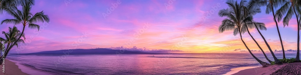 paradise beach vista, cotton candy sky, tall palm silhouettes, glowing horizon sun, smooth beach reflections, purple sunset clouds, romantic tropical setting, professional beach photography paradise beach vista, cotton candy sky, tall palm silhouettes, glowing horizon sun, smooth beach reflections, purple sunset clouds, romantic tropical setting, professional beach photography
