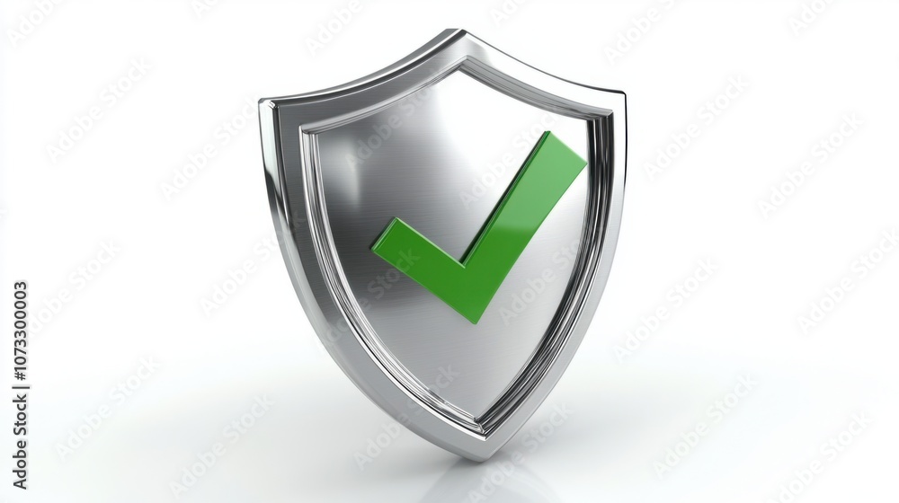 3D silver security shield with a green checkmark icon, isolated on white background 3D silver security shield with a green checkmark icon, isolated on white background