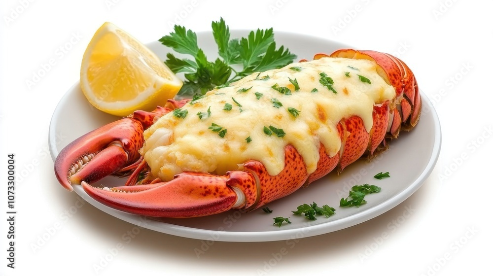 A delicious lobster dish topped with creamy sauce, garnished with parsley and served with a lemon wedge. A delicious lobster dish topped with creamy sauce, garnished with parsley and served with a lemon wedge.
