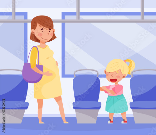 Polite Girl Character Yield Seat to Pregnant Woman Having Good Manners Vector Illustration