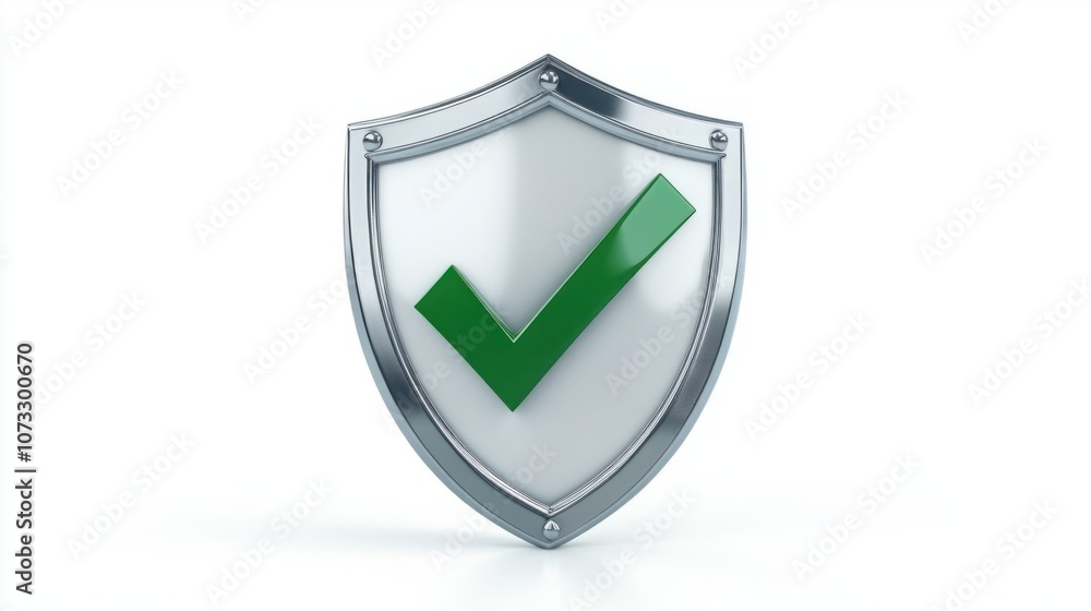 Glossy silver shield with green checkmark, isolated on white background for trust and safety themes Glossy silver shield with green checkmark, isolated on white background for trust and safety themes