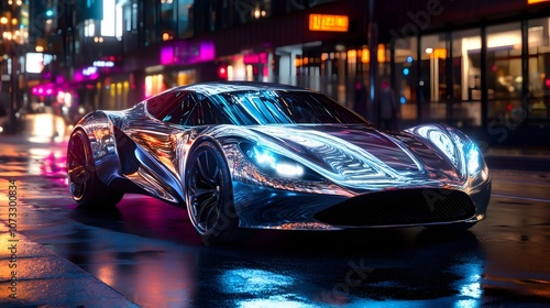 1. A sleek, futuristic sports car with smooth curves, a chrome finish, and illuminated headlights parked on a dimly lit city street at night, with neon lights reflecting off the surface