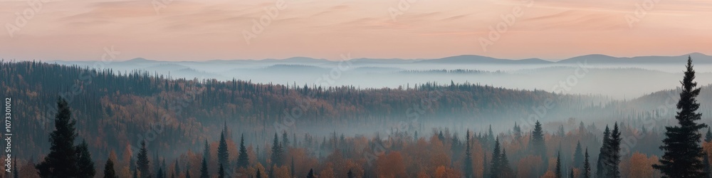 Fototapeta premium northern frontier vista, dusk illumination, mosaic of fall colors, spruce tree skyline, undulating topography, atmospheric haze, high-resolution photograph