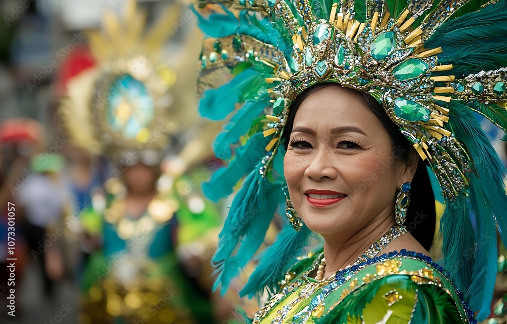 Fototapeta premium A Black woman in a green and blue carnival costume