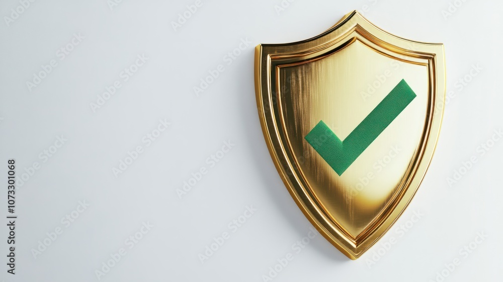 Golden shield with green checkmark, isolated on white background, symbolizing premium security Golden shield with green checkmark, isolated on white background, symbolizing premium security