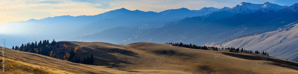 subarctic plateau at twilight, sun-kissed valley, tapestry of autumn shades, conifer-dotted horizon, layered mountainscape, cinematic composition subarctic plateau at twilight, sun-kissed valley, tapestry of autumn shades, conifer-dotted horizon, layered mountainscape, cinematic composition