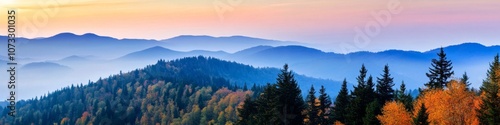 northern frontier vista, dusk illumination, mosaic of fall colors, spruce tree skyline, undulating topography, atmospheric haze, high-resolution photograph