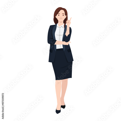 Young woman pointing finger up to exclamation point idea. Flat vector illustration isolated on white background