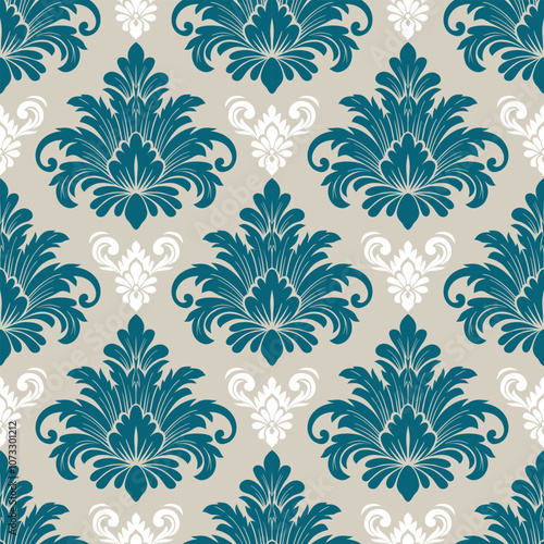 Blue-green damask pattern on beige background,floral vector traditional ornament with oriental elements for graphic design, interior design,fabric printing.