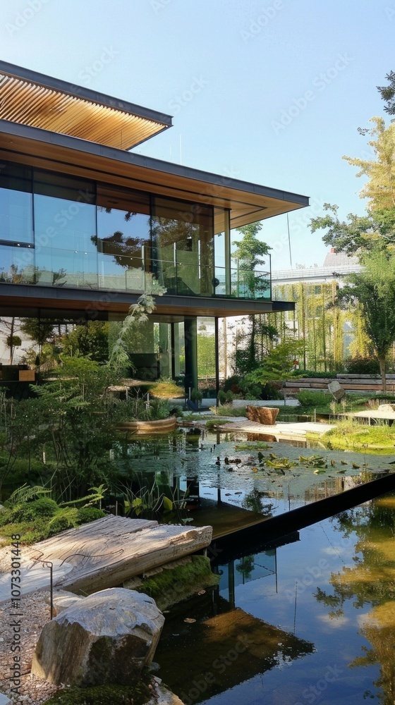 A modern glass house with a serene garden, pond, and lush vegetation offers a peaceful retreat blending nature and architecture harmoniously. A modern glass house with a serene garden, pond, and lush vegetation offers a peaceful retreat blending nature and architecture harmoniously.