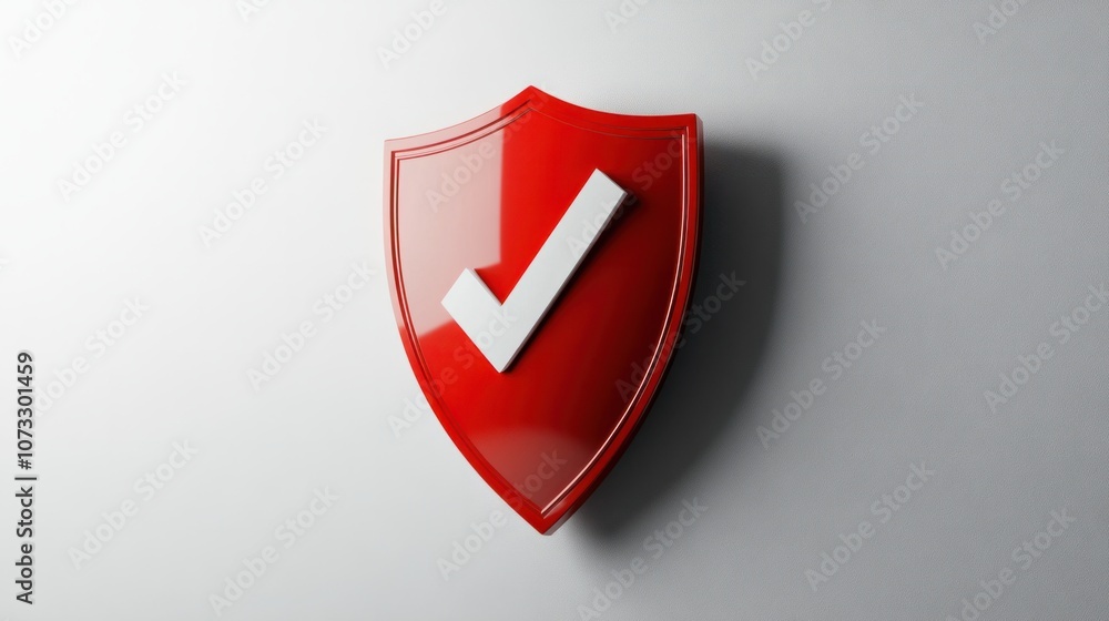 Red shield with a bold white checkmark in the center, isolated on a white background, symbolizing safety Red shield with a bold white checkmark in the center, isolated on a white background, symbolizing safety