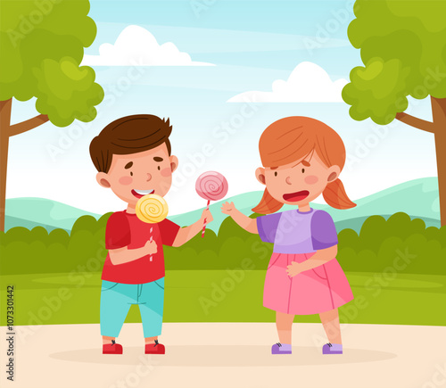 Polite Boy Character Share Candy with Girl Friend Having Good Manners Vector Illustration