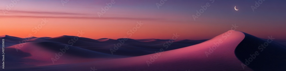 ethereal desert nightfall, sweeping crimson dunes, thin crescent moon, stratified sunset hues, vast arid landscape, photorealistic rendering ethereal desert nightfall, sweeping crimson dunes, thin crescent moon, stratified sunset hues, vast arid landscape, photorealistic rendering