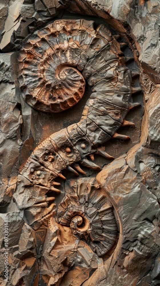 A picture of three brown spiral ammonite fossils on a rock face. Varying in size, two are near the top and one towards the lower right. A picture of three brown spiral ammonite fossils on a rock face. Varying in size, two are near the top and one towards the lower right.