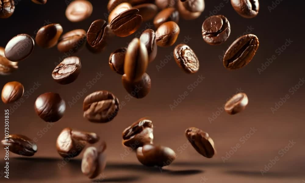 Slow motion of flying coffee beans in speed ramping. Generative AI Slow motion of flying coffee beans in speed ramping. Generative AI